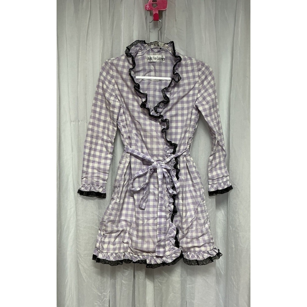 VTG 60s/70s Purple Gingham Wrap‎ Dress Black Lace Ruffles Union Made USA S / M